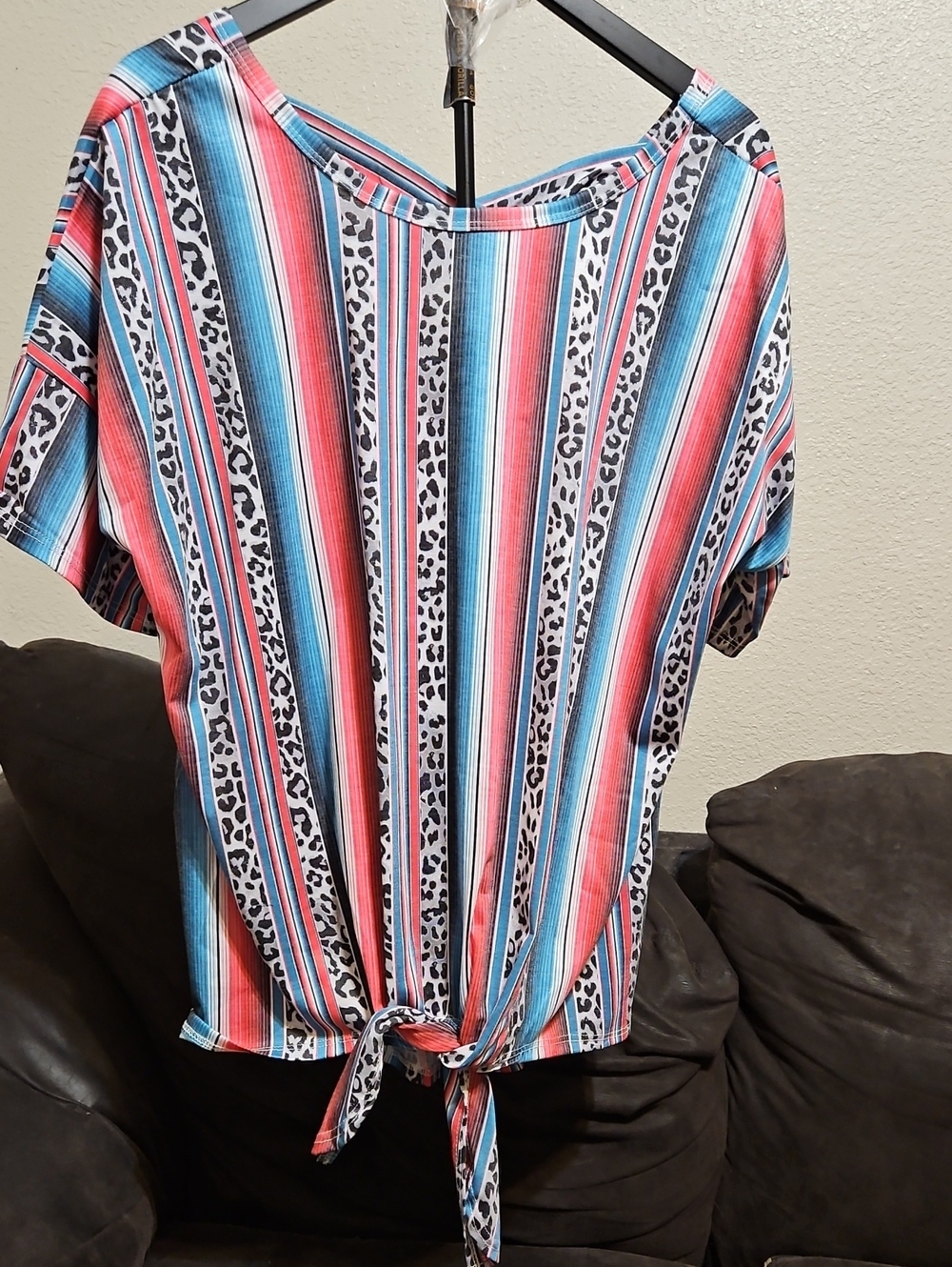 Avery Striped Tie-Front Top in Coral, Blue & White with Leopard Accent